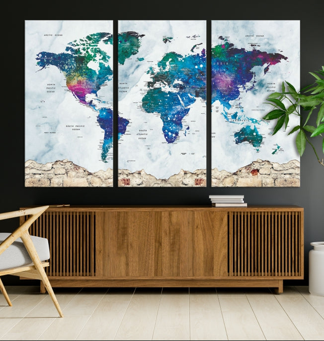 Colorful World Map Canvas Wall Art Print Traveler Gift Ready to Hang