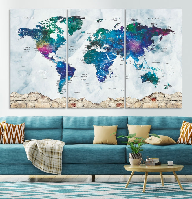 Colorful World Map Canvas Wall Art Print Traveler Gift Ready to Hang