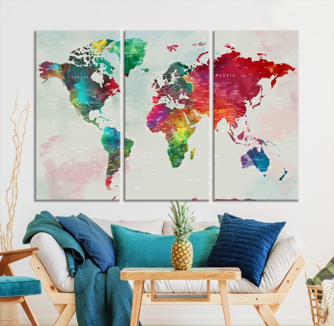 Colorful World Map with Push Pins Detailed Map Canvas Wall Art Print