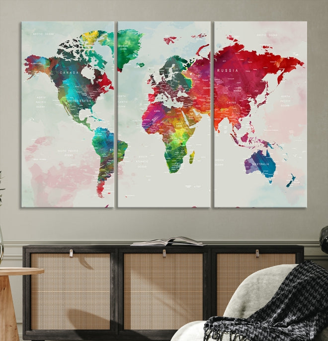 Colorful World Map with Push Pins Detailed Map Canvas Wall Art Print