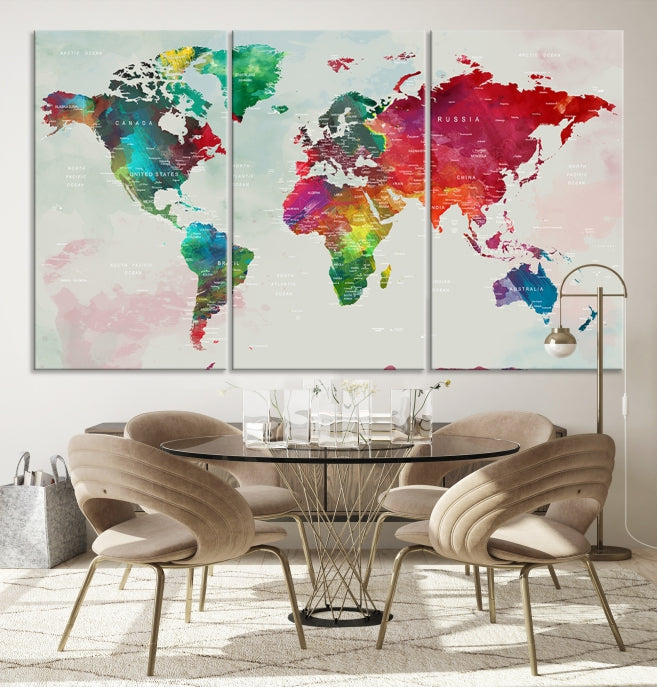 Colorful World Map with Push Pins Detailed Map Canvas Wall Art Print