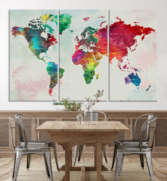 Colorful World Map with Push Pins Detailed Map Canvas Wall Art Print