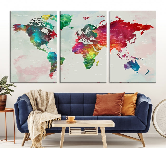 Colorful World Map with Push Pins Detailed Map Canvas Wall Art Print