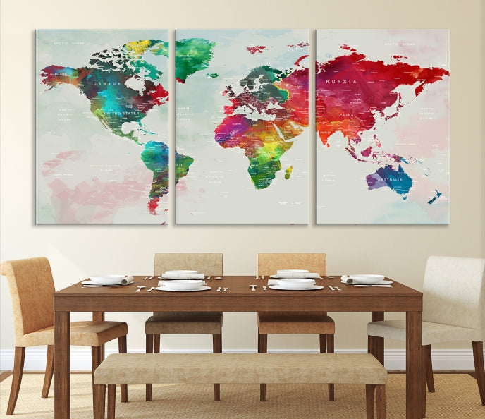 Colorful World Map with Push Pins Detailed Map Canvas Wall Art Print