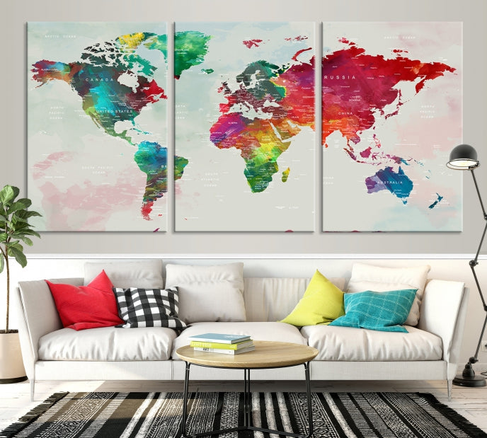 Colorful World Map with Push Pins Detailed Map Canvas Wall Art Print