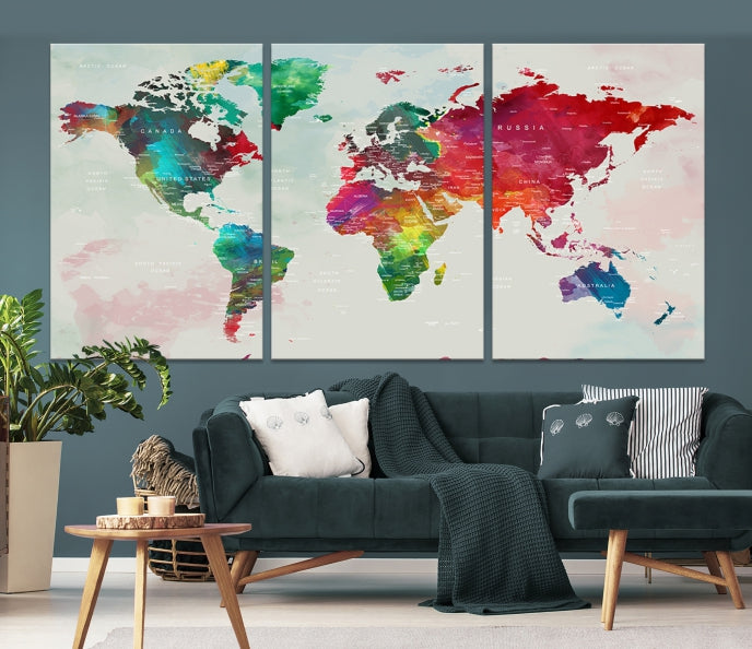 Colorful World Map with Push Pins Detailed Map Canvas Wall Art Print