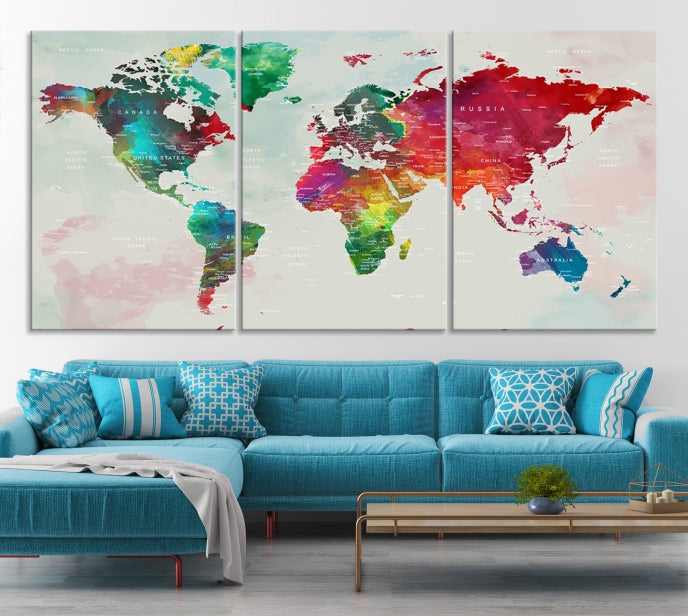 Colorful World Map with Push Pins Detailed Map Canvas Wall Art Print