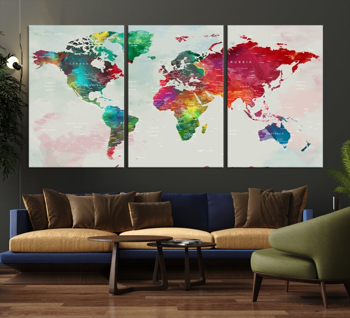 Colorful World Map with Push Pins Detailed Map Canvas Wall Art Print