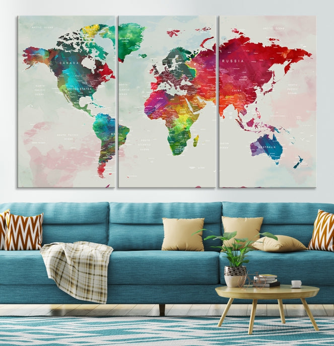 Colorful World Map with Push Pins Detailed Map Canvas Wall Art Print