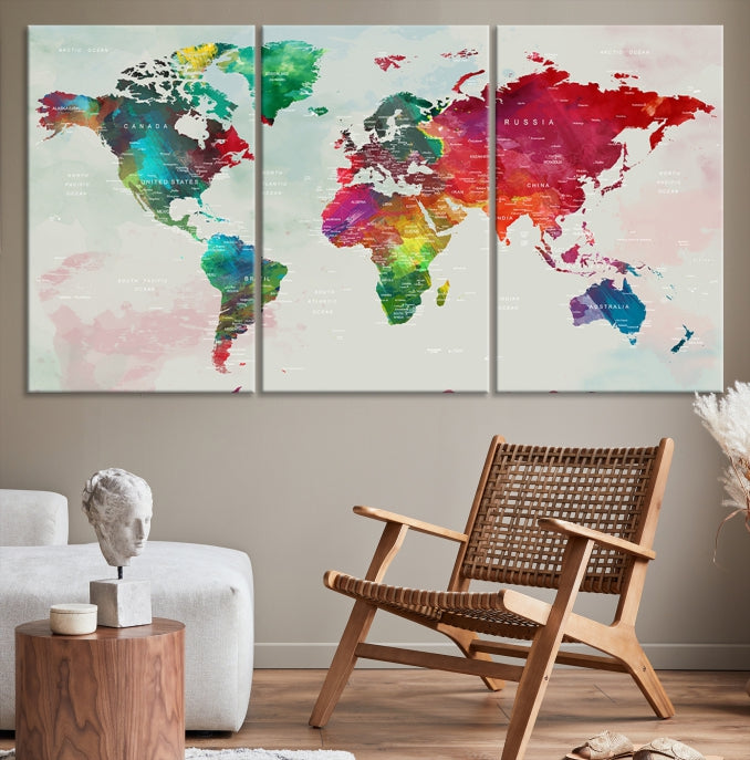 Colorful World Map with Push Pins Detailed Map Canvas Wall Art Print