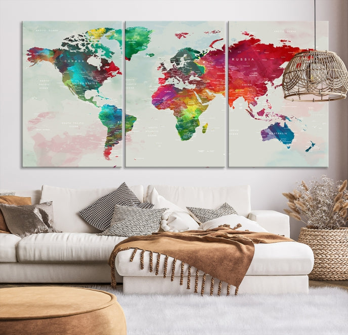 Colorful World Map with Push Pins Detailed Map Canvas Wall Art Print