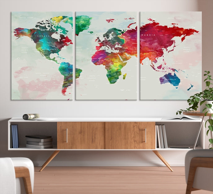 Colorful World Map with Push Pins Detailed Map Canvas Wall Art Print