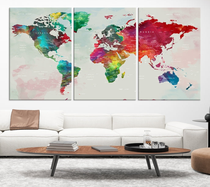 Colorful World Map with Push Pins Detailed Map Canvas Wall Art Print