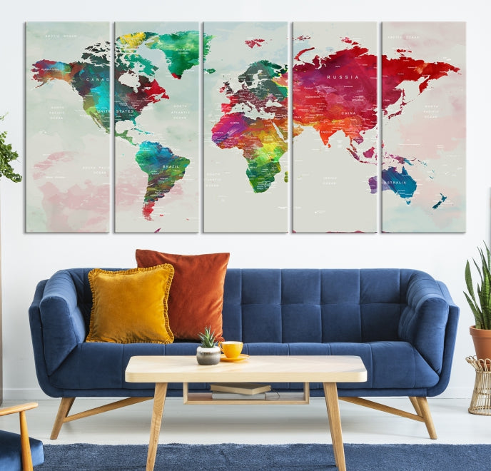 Colorful World Map with Push Pins Detailed Map Canvas Wall Art Print