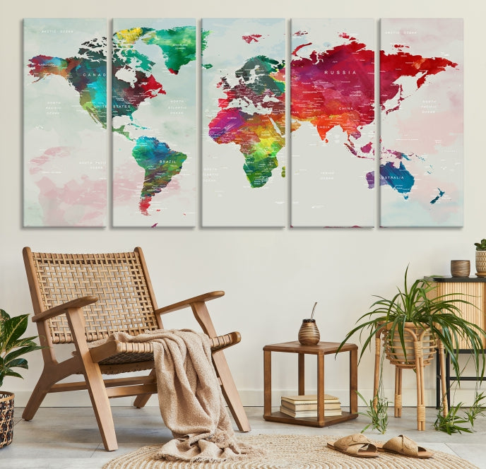 Colorful World Map with Push Pins Detailed Map Canvas Wall Art Print