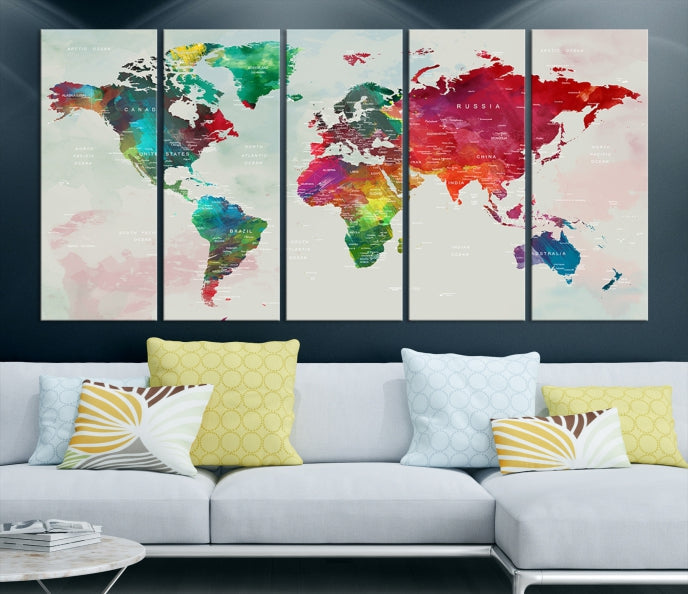 Colorful World Map with Push Pins Detailed Map Canvas Wall Art Print