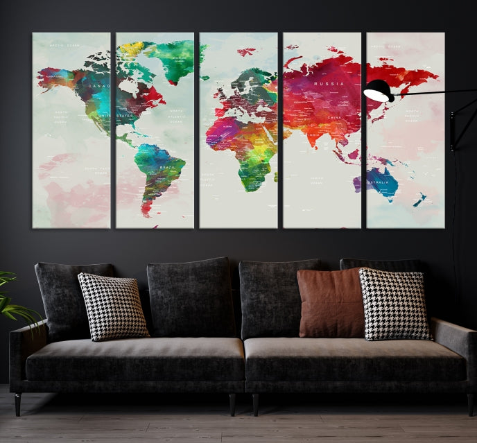 Colorful World Map with Push Pins Detailed Map Canvas Wall Art Print