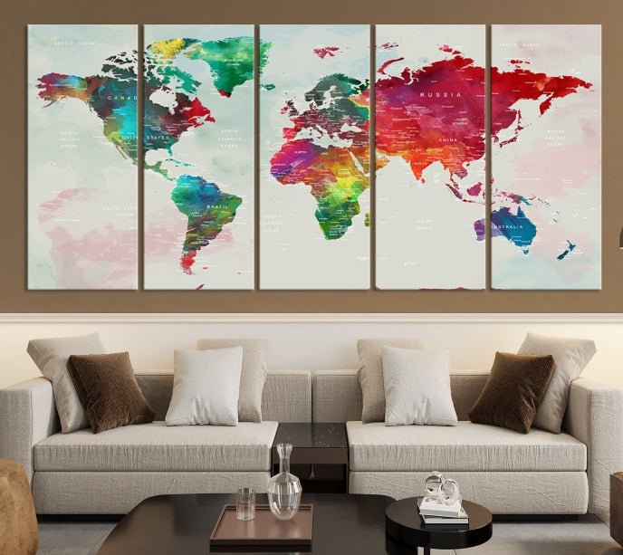 Colorful World Map with Push Pins Detailed Map Canvas Wall Art Print