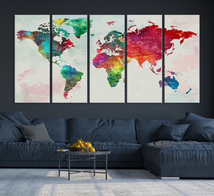 Colorful World Map with Push Pins Detailed Map Canvas Wall Art Print