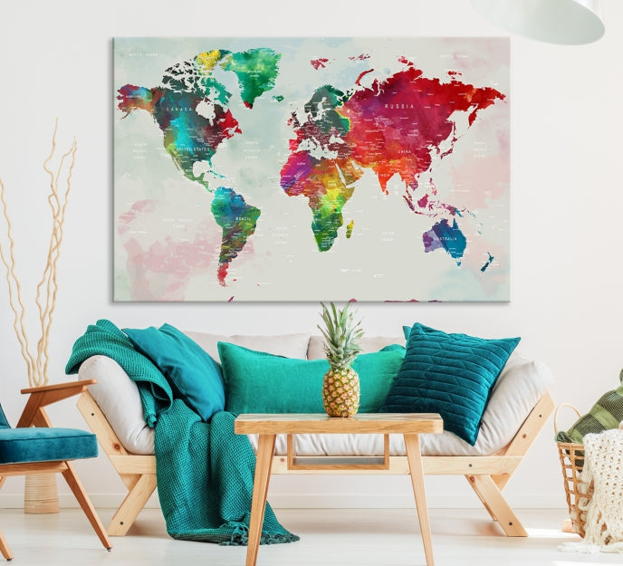 Colorful World Map with Push Pins Detailed Map Canvas Wall Art Print