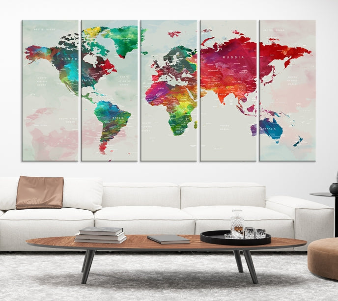 Colorful World Map with Push Pins Detailed Map Canvas Wall Art Print