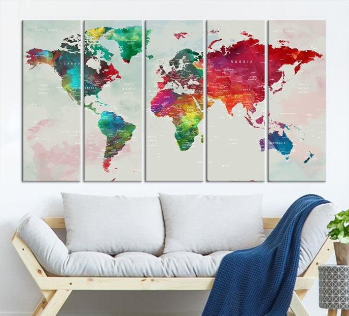 Colorful World Map with Push Pins Detailed Map Canvas Wall Art Print