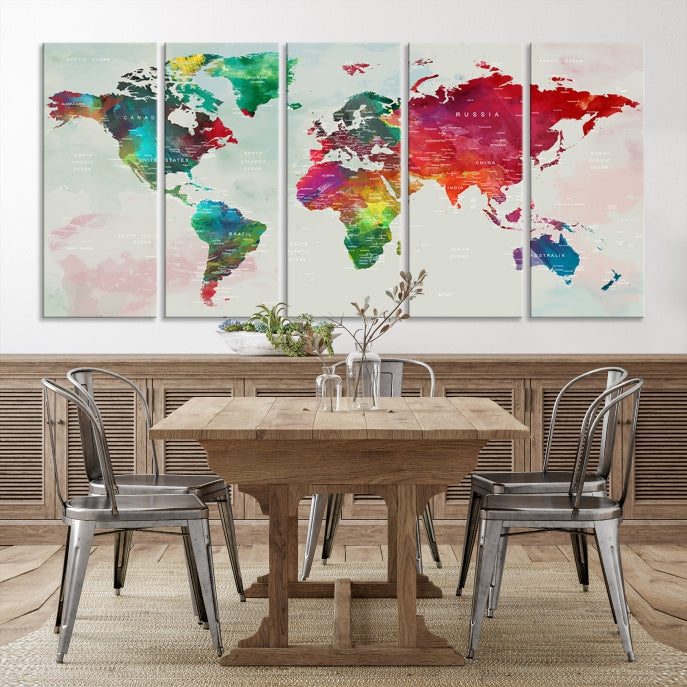 Colorful World Map with Push Pins Detailed Map Canvas Wall Art Print