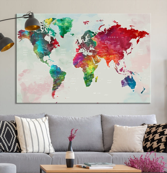 Colorful World Map with Push Pins Detailed Map Canvas Wall Art Print