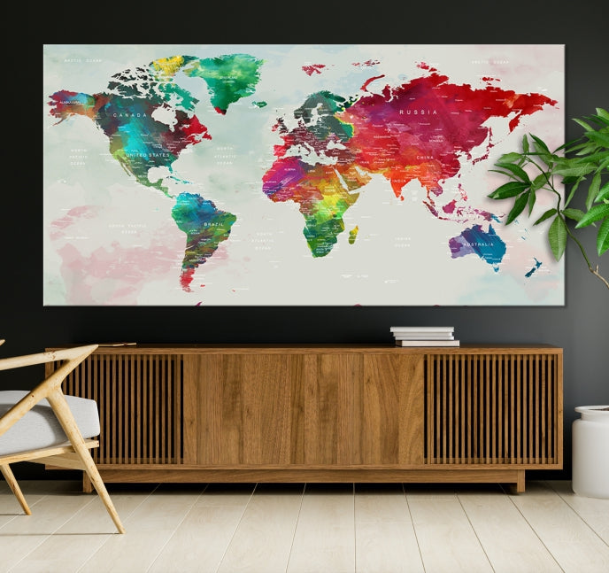 Colorful World Map with Push Pins Detailed Map Canvas Wall Art Print