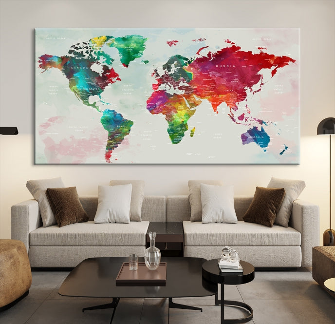 Colorful World Map with Push Pins Detailed Map Canvas Wall Art Print