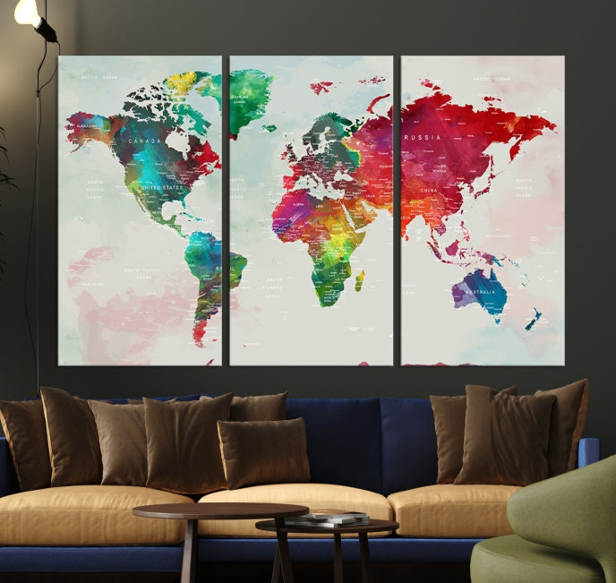 Colorful World Map with Push Pins Detailed Map Canvas Wall Art Print