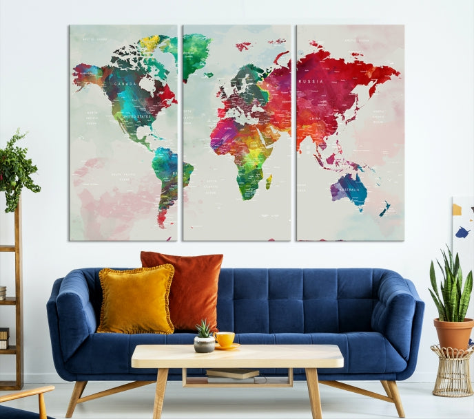 Colorful World Map with Push Pins Detailed Map Canvas Wall Art Print