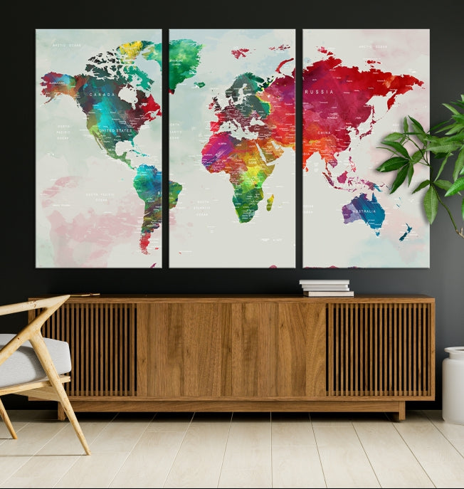 Colorful World Map with Push Pins Detailed Map Canvas Wall Art Print