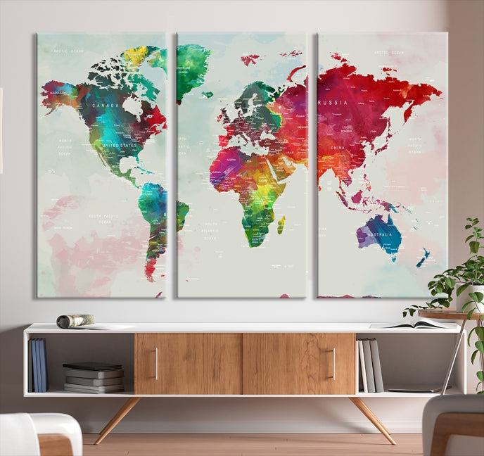 Colorful World Map with Push Pins Detailed Map Canvas Wall Art Print