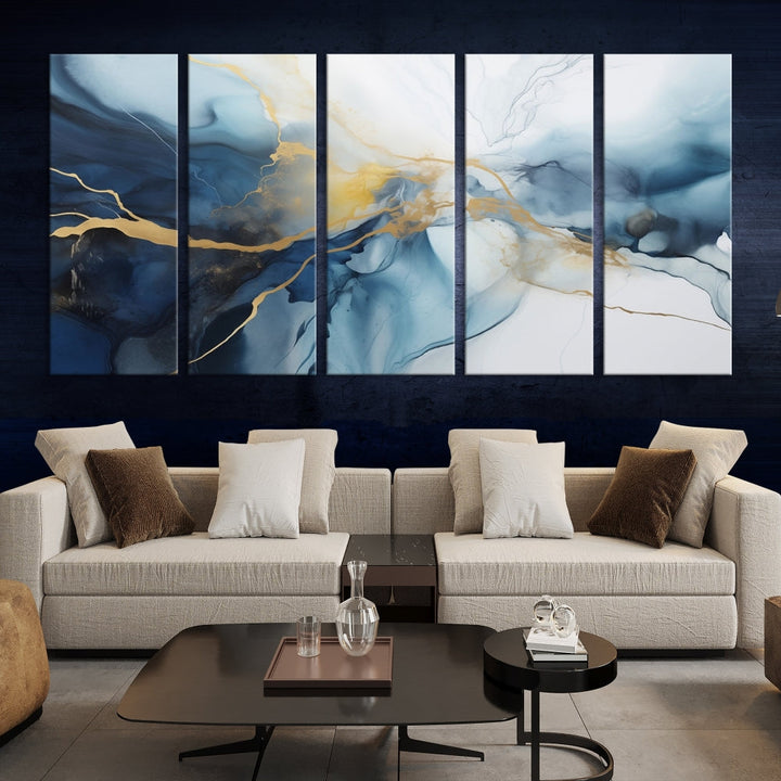 Contemporary Abstract Canvas Wall Art Gold Blue Marble Painting Framed Set of Print