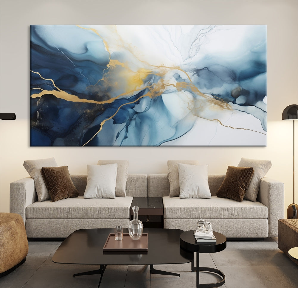 Contemporary Abstract Canvas Wall Art Gold Blue Marble Painting Framed Set of Print