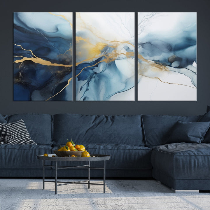 Contemporary Abstract Canvas Wall Art Gold Blue Marble Painting Framed Set of Print