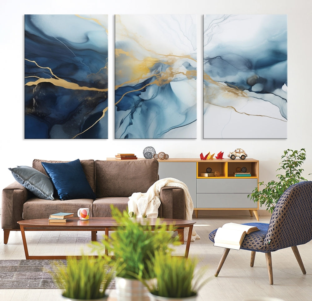 Contemporary Abstract Canvas Wall Art Gold Blue Marble Painting Framed Set of Print