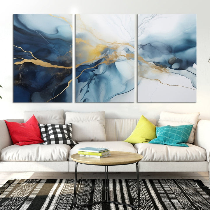 Contemporary Abstract Canvas Wall Art Gold Blue Marble Painting Framed Set of Print