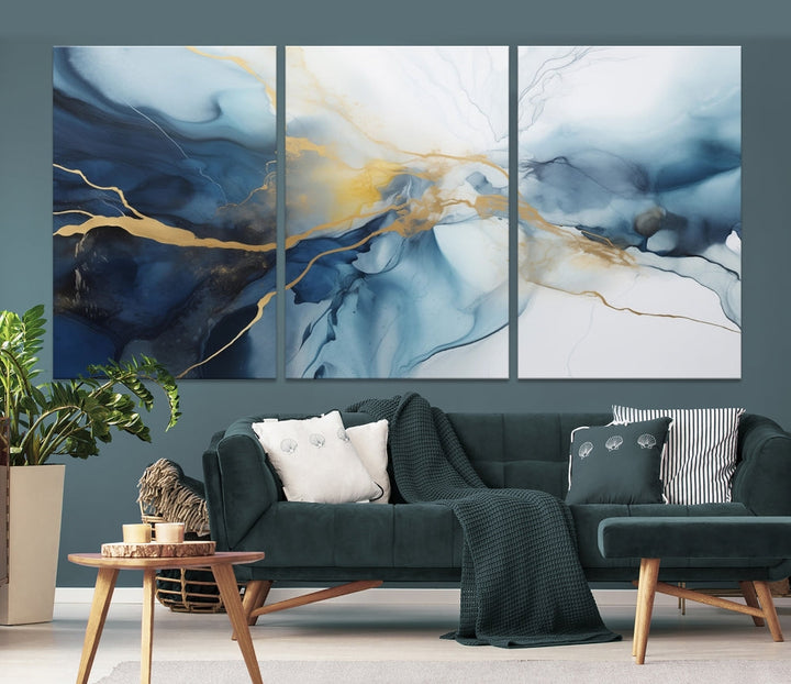 Contemporary Abstract Canvas Wall Art Gold Blue Marble Painting Framed Set of Print