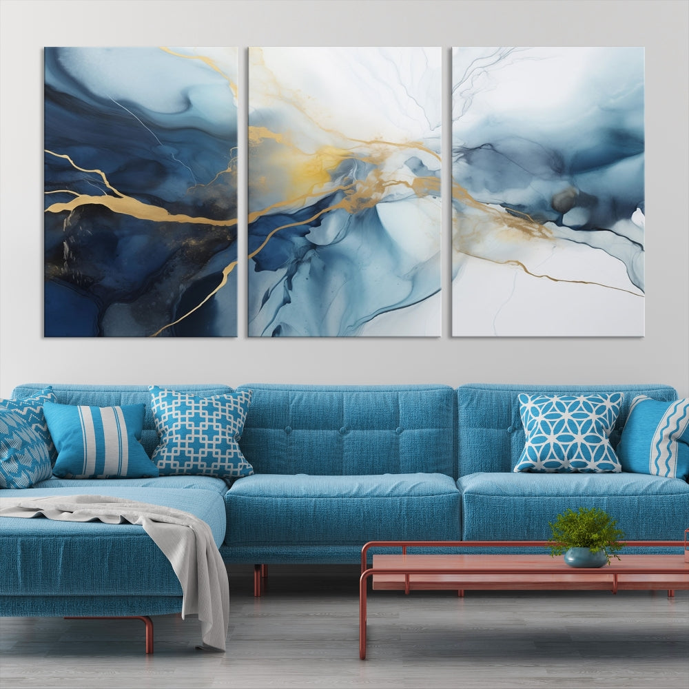 Contemporary Abstract Canvas Wall Art Gold Blue Marble Painting Framed Set of Print