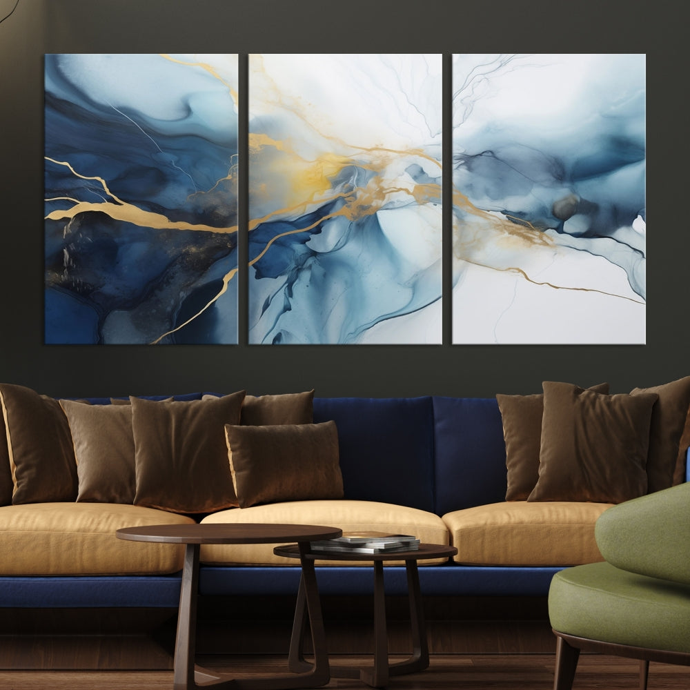 Contemporary Abstract Canvas Wall Art Gold Blue Marble Painting Framed Set of Print