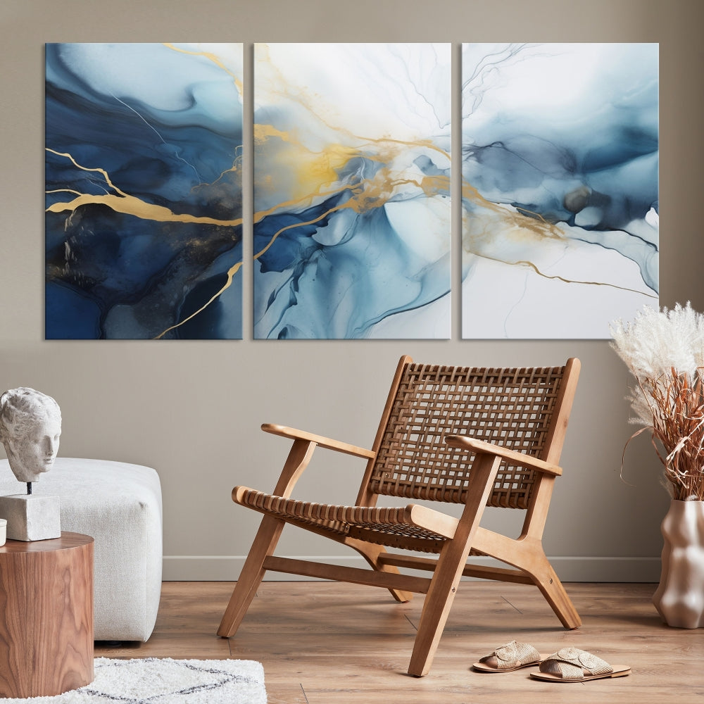 Contemporary Abstract Canvas Wall Art Gold Blue Marble Painting Framed Set of Print