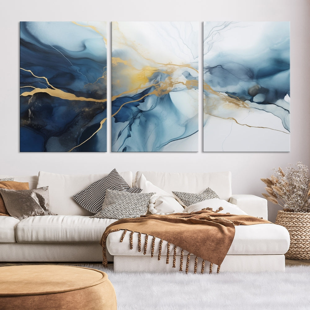 Contemporary Abstract Canvas Wall Art Gold Blue Marble Painting Framed Set of Print