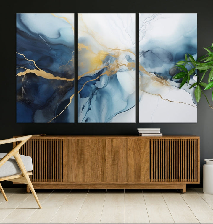 Contemporary Abstract Canvas Wall Art Gold Blue Marble Painting Framed Set of Print