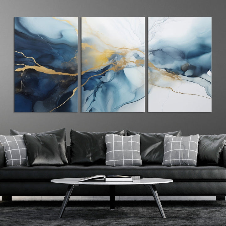 Contemporary Abstract Canvas Wall Art Gold Blue Marble Painting Framed Set of Print