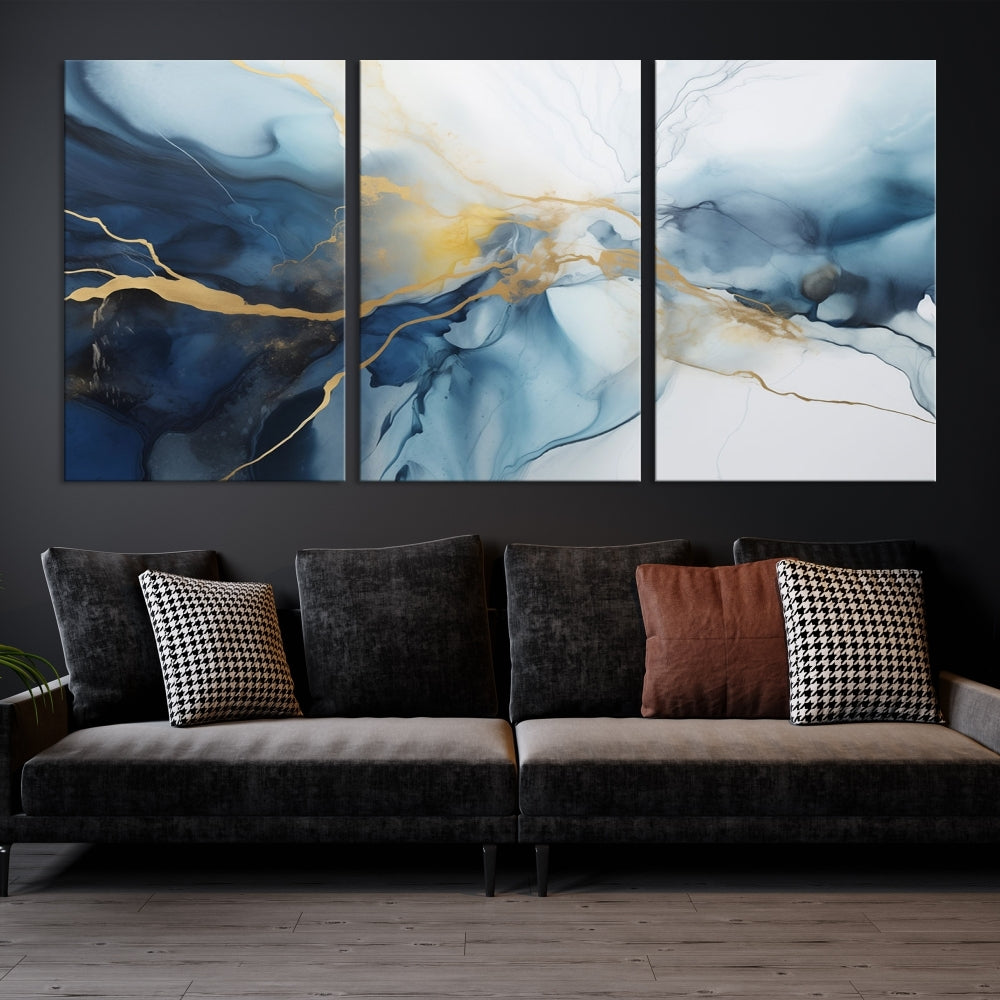 Contemporary Abstract Canvas Wall Art Gold Blue Marble Painting Framed Set of Print