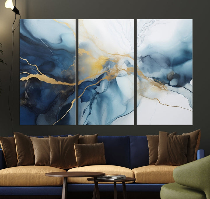 Contemporary Abstract Canvas Wall Art Gold Blue Marble Painting Framed Set of Print