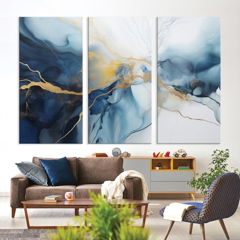 Contemporary Abstract Canvas Wall Art Gold Blue Marble Painting Framed Set of Print