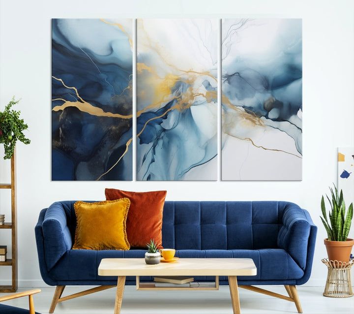 Contemporary Abstract Canvas Wall Art Gold Blue Marble Painting Framed Set of Print